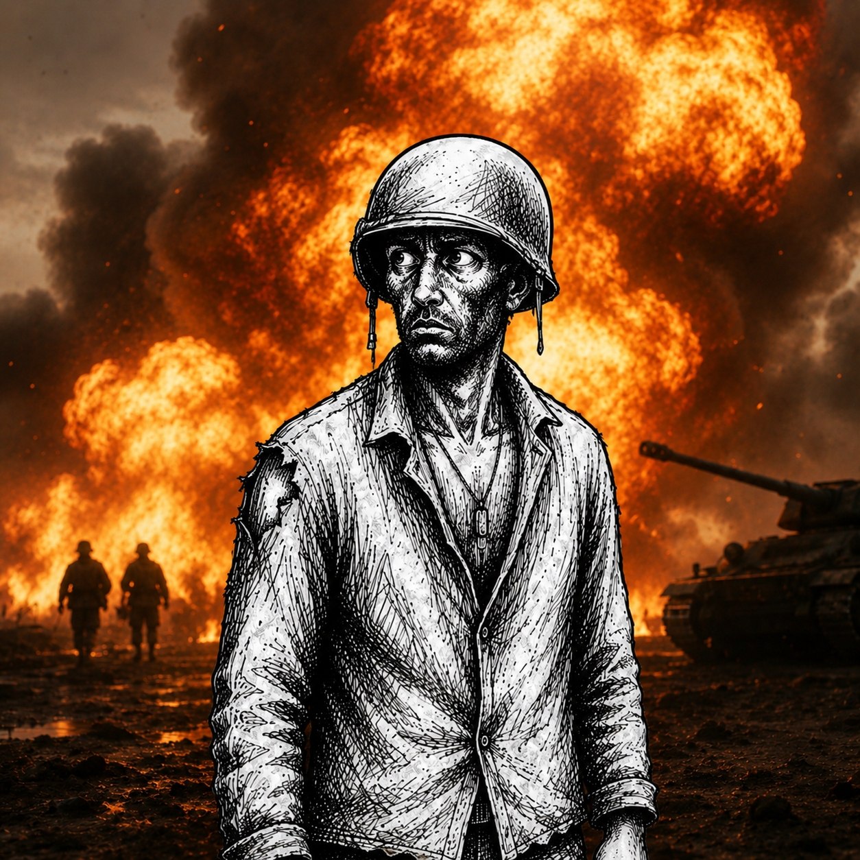 Trenchcoin soldier walking in front of a huge explosion